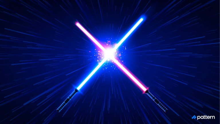 A blue lightsaber and a red lightsaber clash, making an x-shape